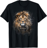 Lion & Christian Cross Christian Cross Lion of Judah Religious Faith Jesus Pastor T-Shirt - As Pictured