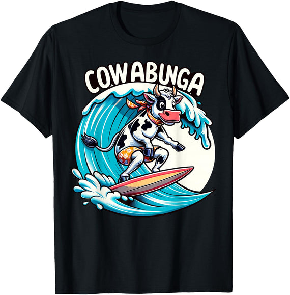 Funny Surfing Shirts for Surfers Cowabunga Beach Surfing Cow Surfingboard Surfboard T-Shirt - Black