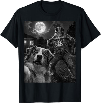Weredad Werewolf Father's Day Halloween Gag Gifts Australian Shepherd Aussie Dad Funny Vintage Graphic Selfie T-Shirt