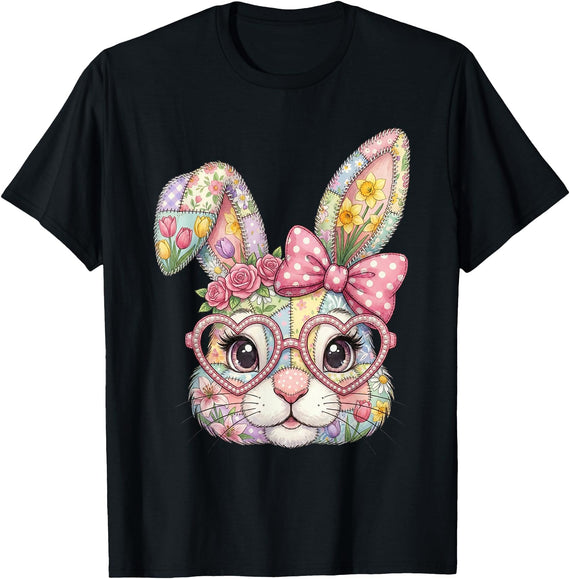Floral Bunny Rabbit Girl Teens T-Shirt in Black
