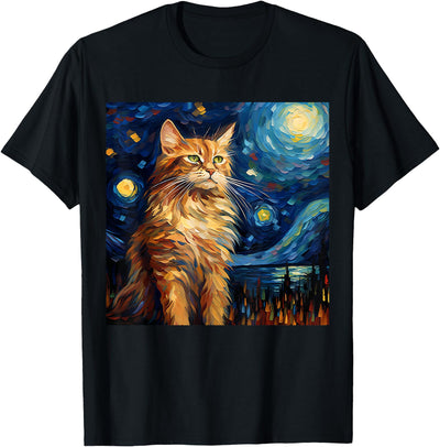 Maine Coon Cat Starry Night Painting Surreal Starry Night Maine Coon Cat T-Shirt