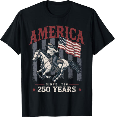 Patriotic 250th Anniversary America 1776 Apparel America 250 Years Cowgirl Riding Horse US Flag 1776 T-Shirt