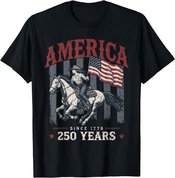 Patriotic 250th Anniversary America 1776 Apparel America 250 Years Cowgirl Riding Horse US Flag 1776 T-Shirt - Black