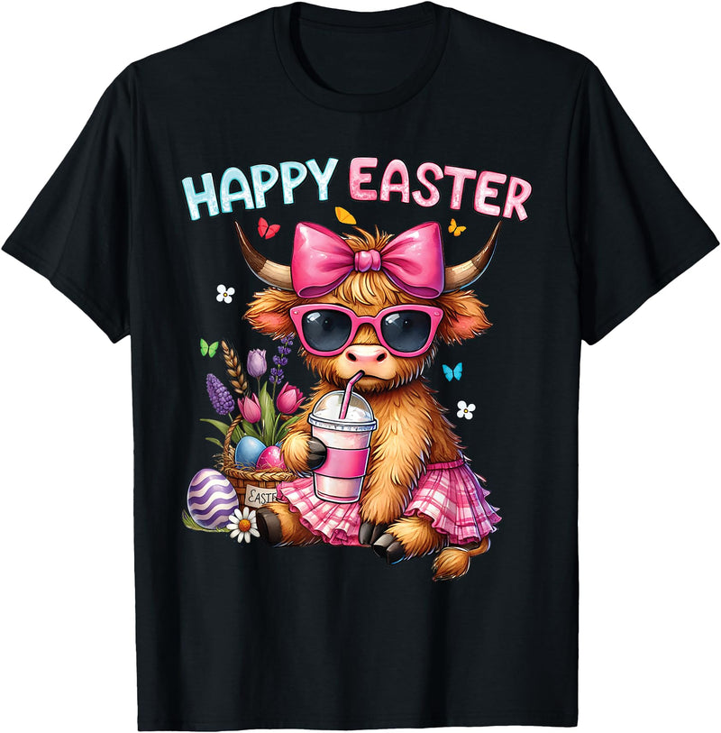Farm Animal Highland Cow easter Gifts Happy Easter Day Highland Cow Cute Holiday Bunny Women Kids T-Shirt - Black