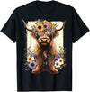Funny Highland Cow lover Floral Highland Cow Cowboy Boots Western Country T-Shirt - Black