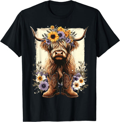 Funny Highland Cow Lover Floral Cowboy Boots Western Country T-Shirt
