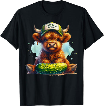 Cute Highland Cow Pickle Gardener Dill Hat Farm Animal Lover T-Shirt