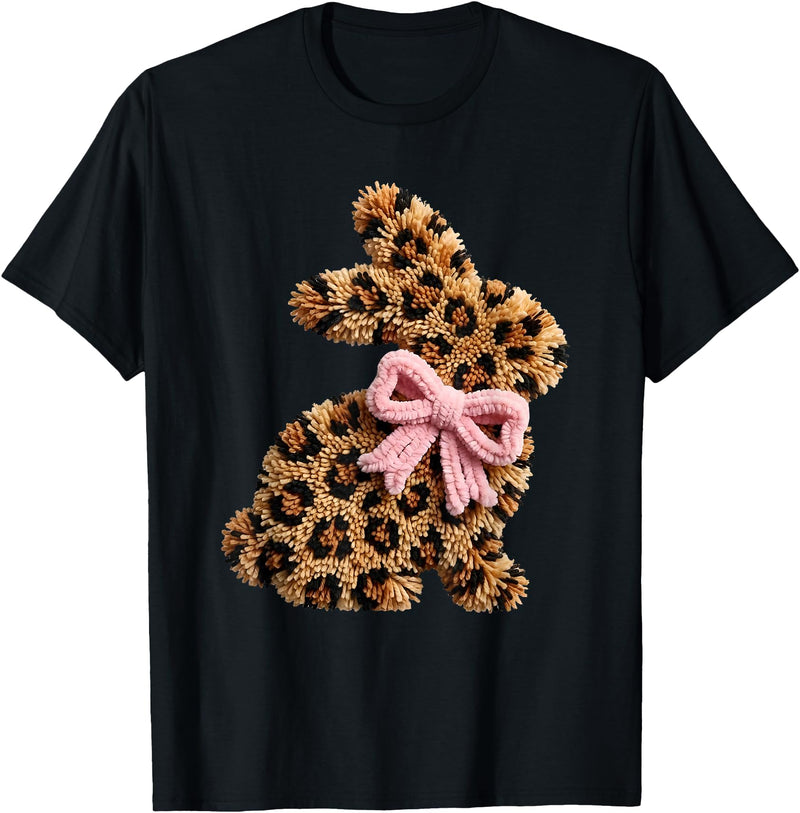 Funny Bunny Leopard Crochet Rabbit Easter Day Coquette Bow T-Shirt in Black