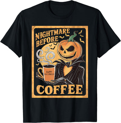 Spooky Skull Coffee Lovers Halloween Party Pumpkin Nightmare Before Coffee Christmas Skeleton Funny Halloween T-Shirt