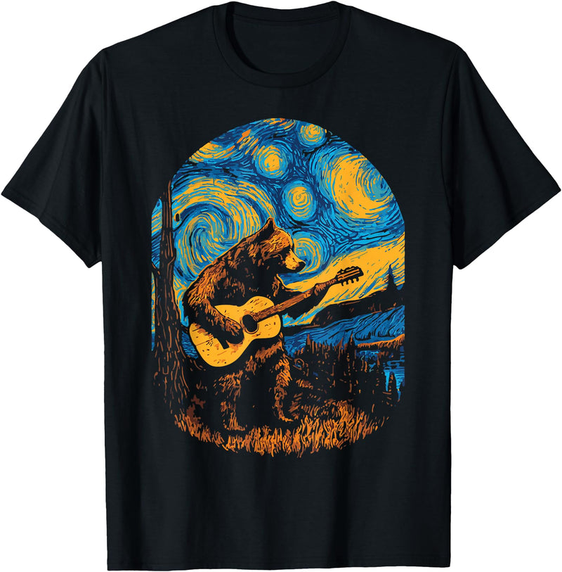 Bear playing Guitar Night-Sky Moon Guitar Grizzly Bear Blues Guitarist Starry Night Musician Music T-Shirt - Black