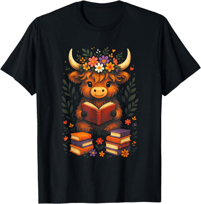 Cute Highland Cow Reading Funny Baby Cow Lover T-Shirt