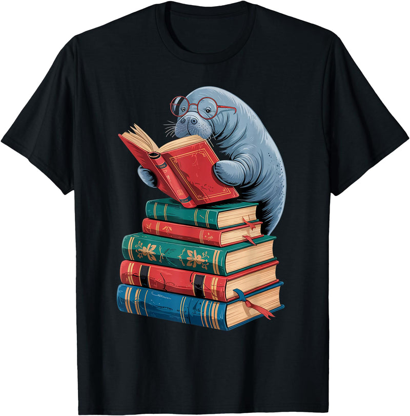Chubby Mermaid Ocean Animal Funny Manatee Design Book Reading Book Reader Manatees Sea Animal Sea Cow Manatee T-Shirt - As