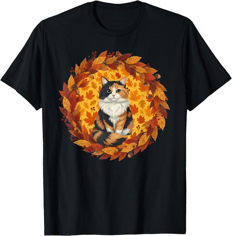 Calico Cat Autumn Fall Halloween Decor Apparel Calico Cat Autumn Leaves Wreath Cozy Fall Halloween T-Shirt - Black