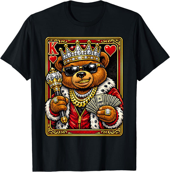 Teddy Bear King and Queen Matching Couples Designs King of Hearts Hip Hop Dripped Out Teddy Bear Hustle Money T-Shirt - Black