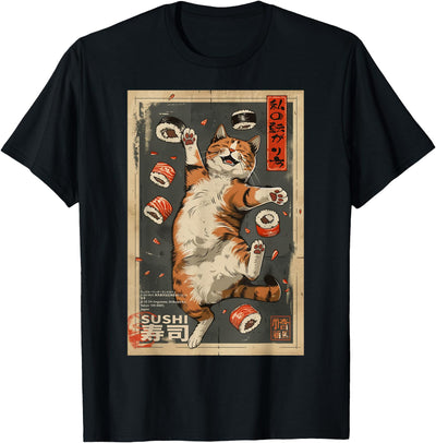 The Art of Print by MCMA - Digitally Enhanced Art How I Roll: Cat Cafe Sushi Poster Harajuku Kawaii Japanese T-Shirt, Small, Black