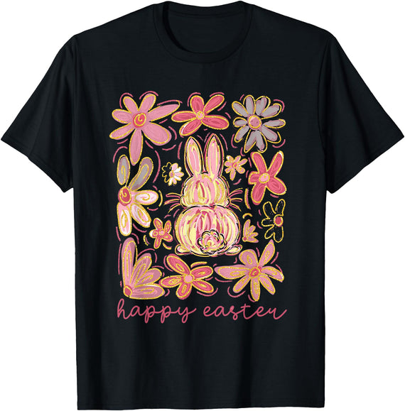 Retro Easter Day Bunny Floral Flower Rabbit Cute Women Girls T-Shirt in Black