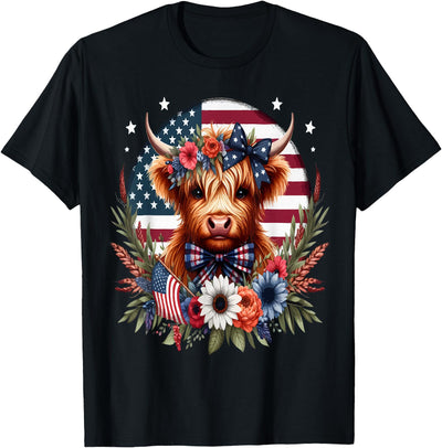 Ideas Cute Highland Cow Florals 4th of July Usa Flag T-Shirt