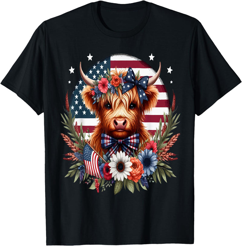 Funny July 4th Highland Cow Farm Lovers Gift Ideas Cute Highland Cow Florals 4th of July USA Flag Patriotic T-Shirt - Black