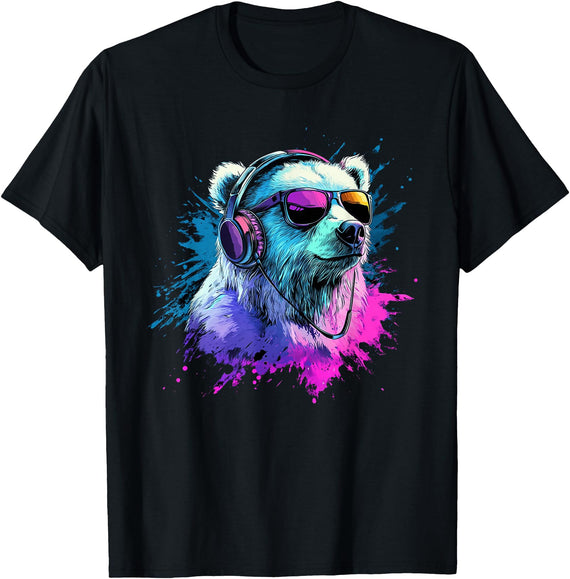 Colorful Artistic Polar Bear Animal Motifs Polar Bear Colorful Music Headphones Artistic Polar Bears T-Shirt - Black