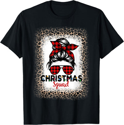 Cow Christmas Squad Women Messy Bun Buffalo Leopard Bleached T-Shirt