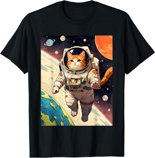HAPPY DAWG - ARTS Astronaut Cat - Funny Space Cat Japanese Retro Kawaii Cute T-Shirt - Black