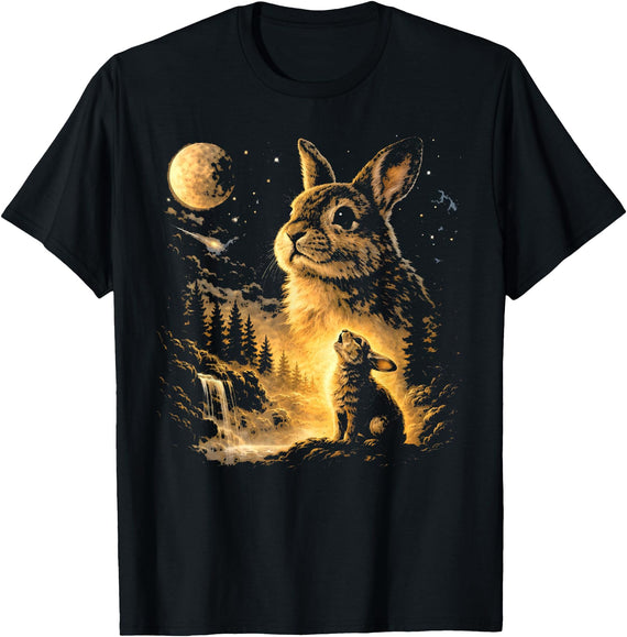 Bunny Howling to the Moon Vintage 90s Animal Easter Day T-Shirt (Black) in Black