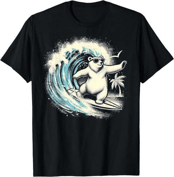 Smooth HQ Polar Bear Riding Surfing Ocean Wave T-Shirt - Black