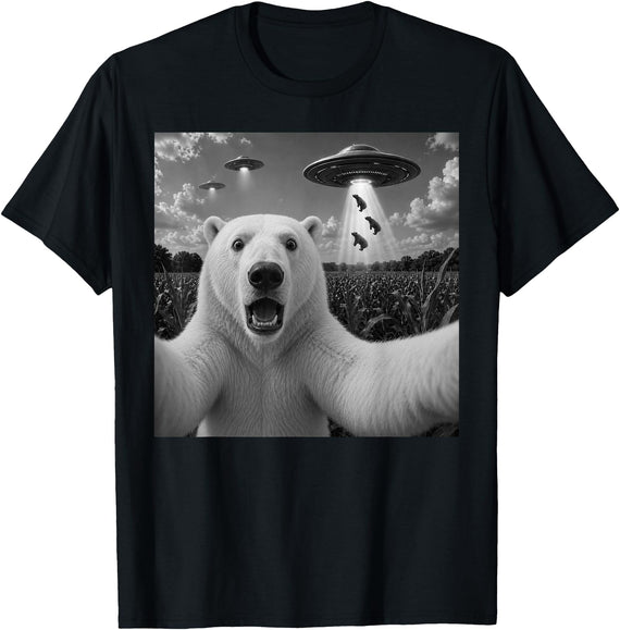 Retro Polar Bear Selfie with UFOs Meme Polar Bear Selfie with UFO Alien Funny T-Shirt - Black