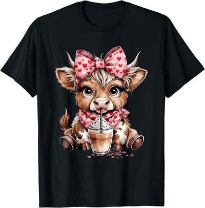 Highland Cow Coffee Addict Women Girl Cute Leopard Bow T-Shirt