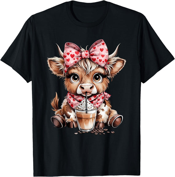 Highland Cow Coffee Addict Women Girl Cute Highland Cow Coffee Leopard Bow Cowgirl Women Girls T-Shirt - Black