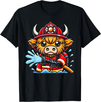 Kids Cute Cartoon Highland Cow Firefighter Fireman T-Shirt