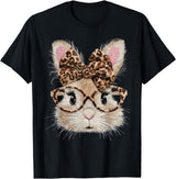 Cute Bunny Rabbit Face Leopard Coquette Bow Glasses Easter T-Shirt in Black