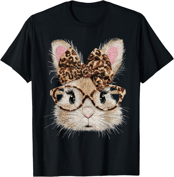 Cute Bunny Rabbit Face Leopard Coquette Bow Glasses Easter T-Shirt in Black
