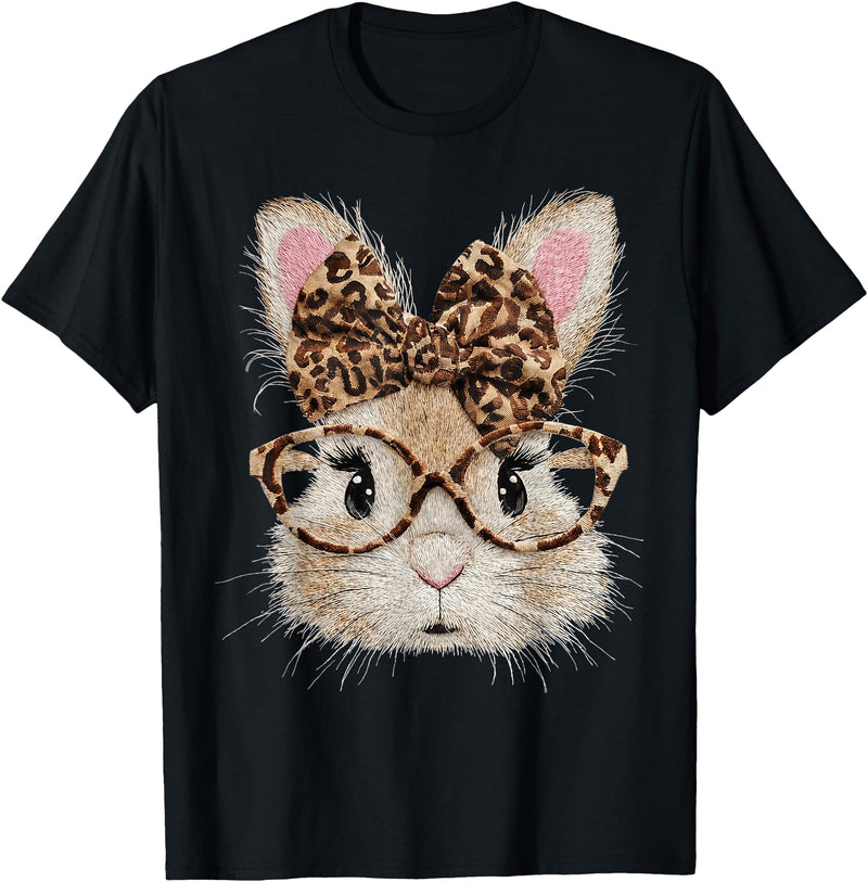 Cute Bunny Rabbit Face Leopard Coquette Bow Glasses Easter T-Shirt in Black