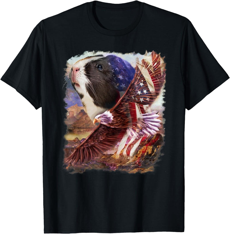 Guinea Pig American Flag 4th July Independence Eagle Women Kids Men T-Shirt - Black