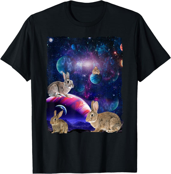 Rabbit Wildlife Animal Universe Galaxy Stars Bunny Rabbits T-Shirt in Black
