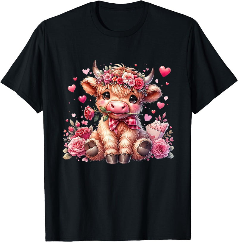Happy Valentine Highland Cow Costume Love Clothing Valentine Highland Cow Print Cute Love Heart Flowers T-Shirt - Black