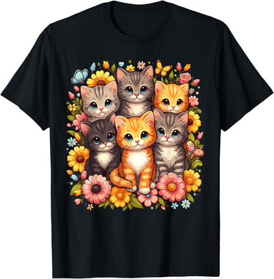 Funny Cat lover Cute Kittens with Floral Pattern T-Shirt