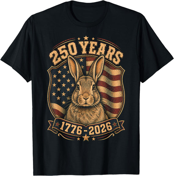 250th Anniversary USA 2026 American Flag Patriotic Rabbit T-Shirt in Black