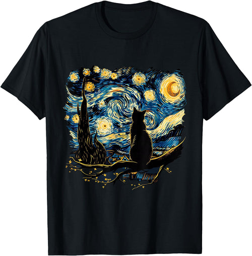 Cat Starry Night Van Gogh Cat T-Shirt for Cat Lovers, Women, Unisex, Black, Small, Short Sleeve, Classic Fit - Black