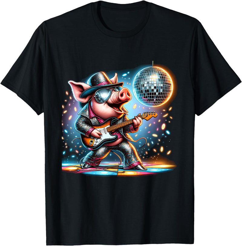 Disco Guitarist Pig Tee Disco Ball Guitar Pig T-Shirt - As Pictured