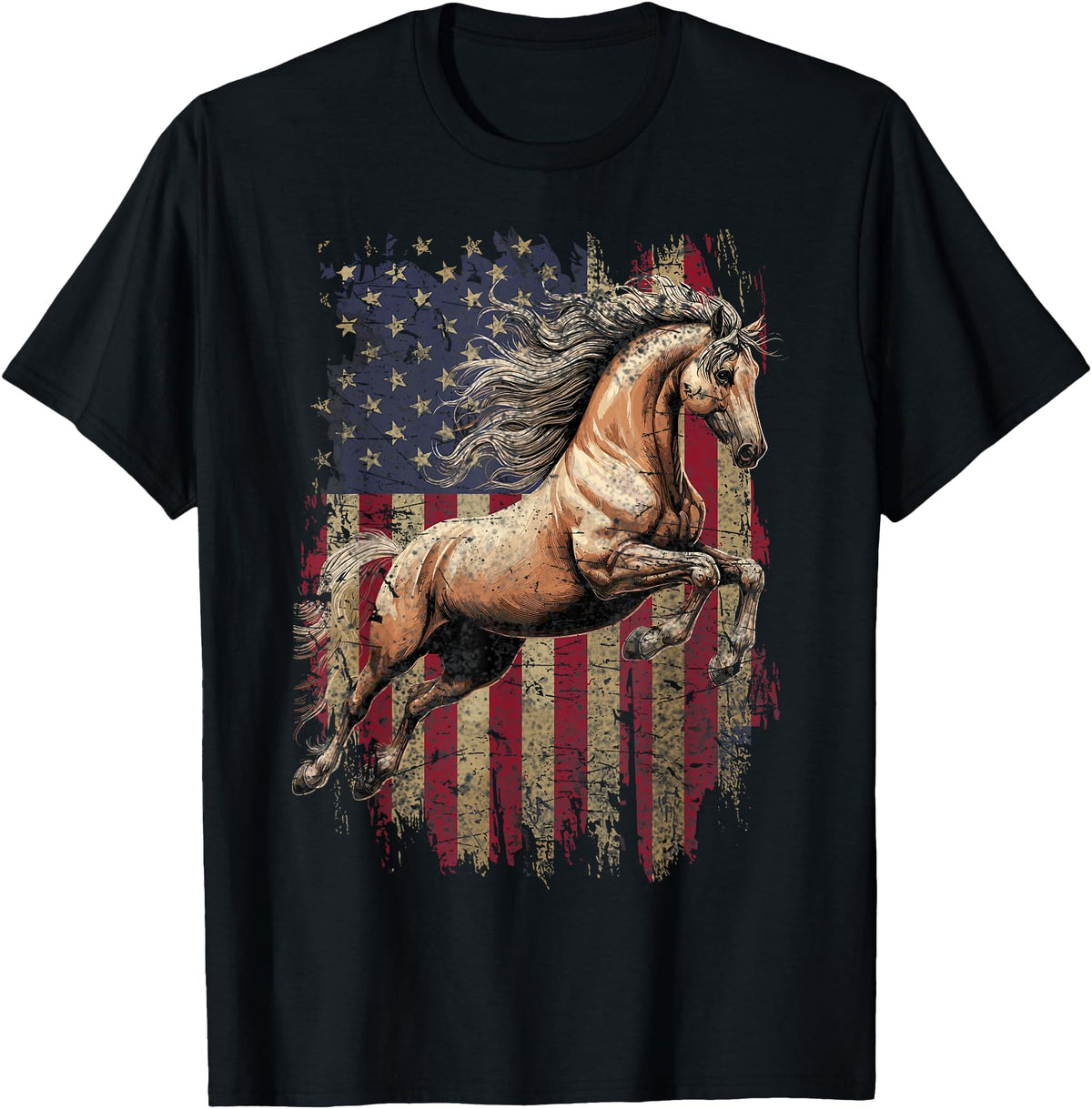 USA Flag Horse Lover Horse American Flag USA 4th of July Horses T-Shirt - Black