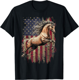 USA Flag Horse Lover Horse American Flag USA 4th of July Horses T-Shirt - Black