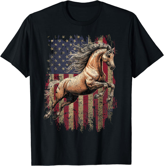 USA Flag Horse Lover Horse American Flag USA 4th of July Horses T-Shirt - Black
