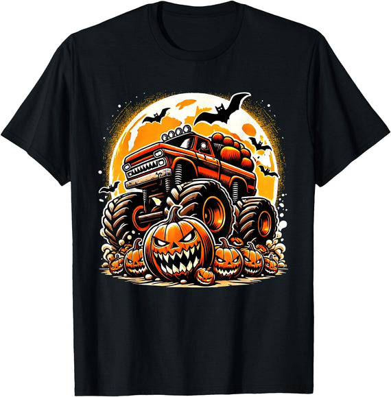 Monster Trucks Halloween Costume for Kids Scary Jack O Lantern Halloween Monster Truck T-Shirt - Black