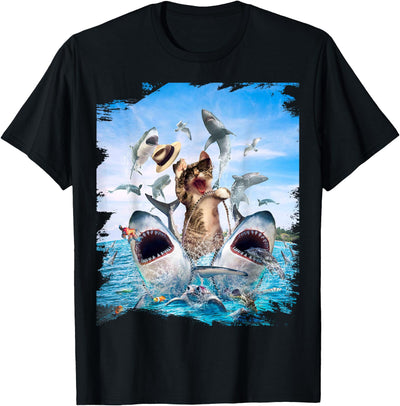 Random Galaxy Cat Riding Shark, Beach Ocean Cats Sharks, Sunglasses Funny T-Shirt