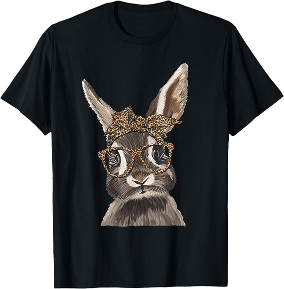 Cute Nerd Easter Bunny Mom Leopard Bandana Rabbit Easter T-Shirt in Black