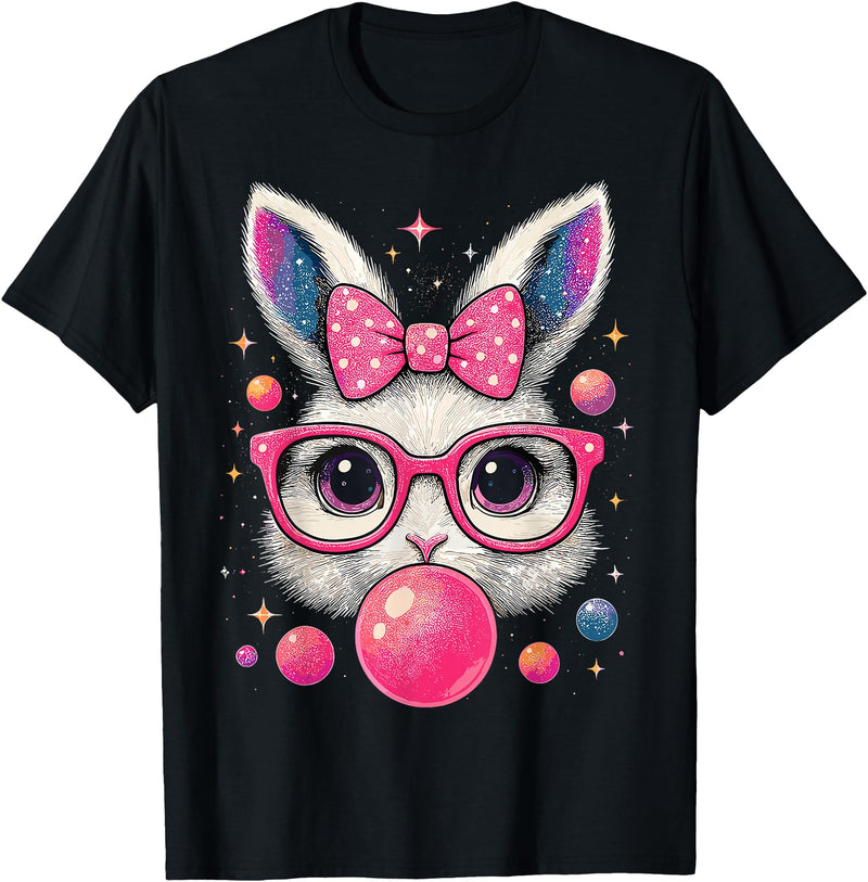 Easter Day Bunny Tie Dye Rabbit Face Glasses Girl Easter T-Shirt in Black