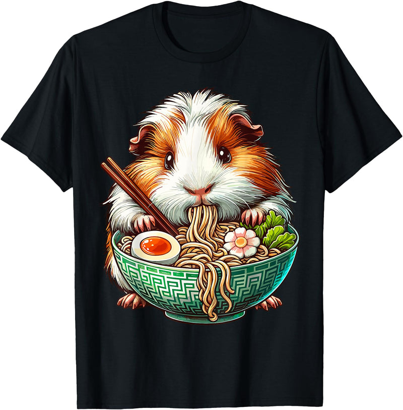 Cute Guinea Pig Gifts Guinea Pig Eating Ramen Japanese Noodles T-Shirt - Black
