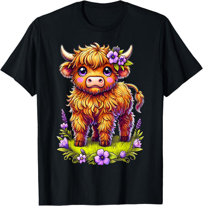 Funny Highland Cow with Flowers Kawaii Animal T-Shirt